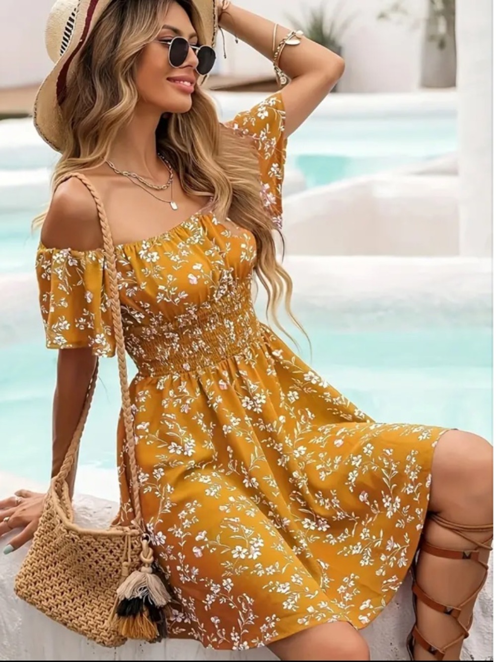 NEW• Macaroons & Magnolias  Mustard Boho Chic Off-Shoulder Floral Sundress•XL